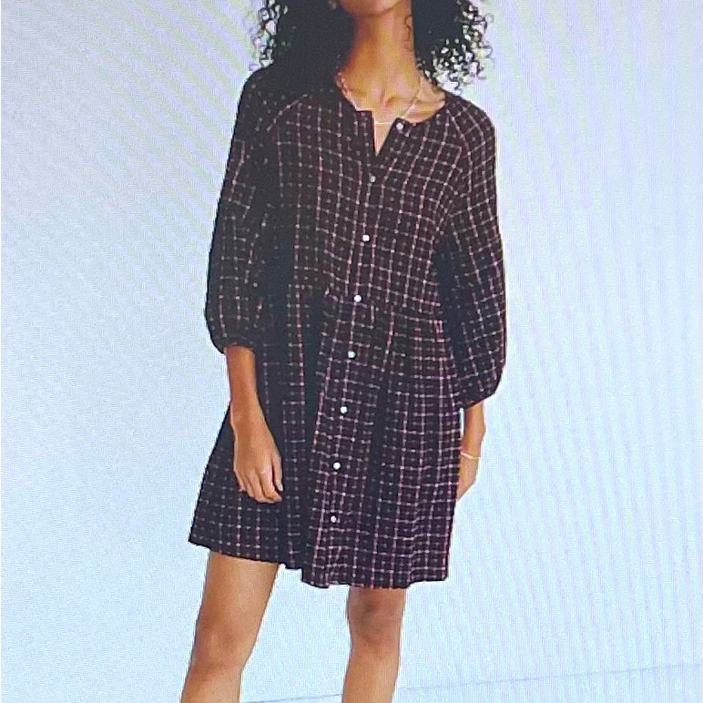 Madewell plaid flannel pink black raglan button front shirt dress w/pockets 0